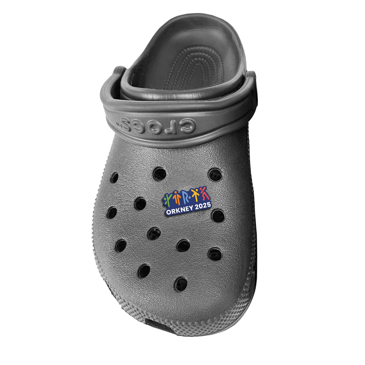 2025 Event Croc Plug shown attached to a croc shoe | Orkney 2025 Island Games